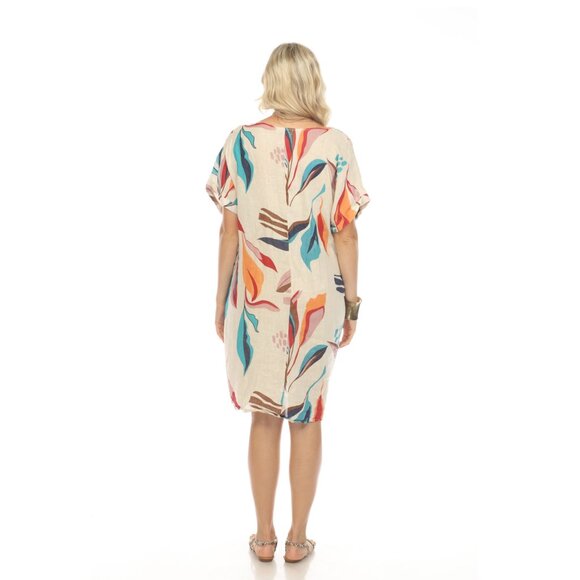 Beige Leaf Print Side Button Dress - Picture 5 of 7